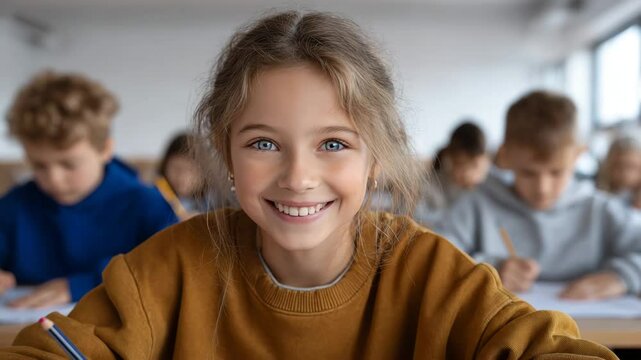 Close-up of a cute schoolgirl with bright blue eyes smiling in class with her classmates in the background. The student looks straight into the camera, radiating joy and openness.