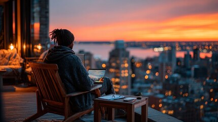 Remote worker using laptop on rooftop terrace at sunset overlooking city lights