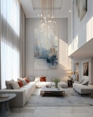 Modern, bright living room with high ceilings and large windows