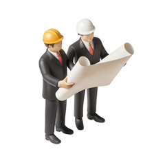 Two architects or engineers in suits and hard hats collaborating on a blueprint plan isolated on transparent background