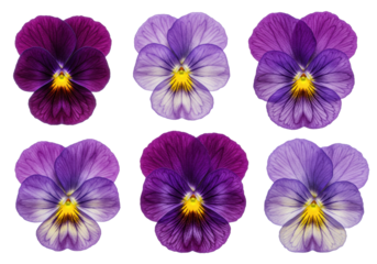 Six individual purple pansies in various shades, intricate veins, and yellow stamen, against a clean white studio background with shadowless lighting, a high-angle UHD commercial shot. Concept of