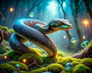Fototapeta premium A mystical snake coiled in an enchanted forest
