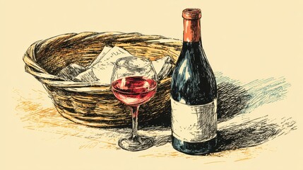 Fototapeta premium A glass of red wine sits next to a neatly arranged bottle and a woven basket filled with notes, showcasing a cozy dining atmosphere perfect for relaxation.