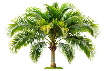 A vibrant green palm tree stands tall, its lush fronds reaching towards the sky, isolated on a clean transparent background