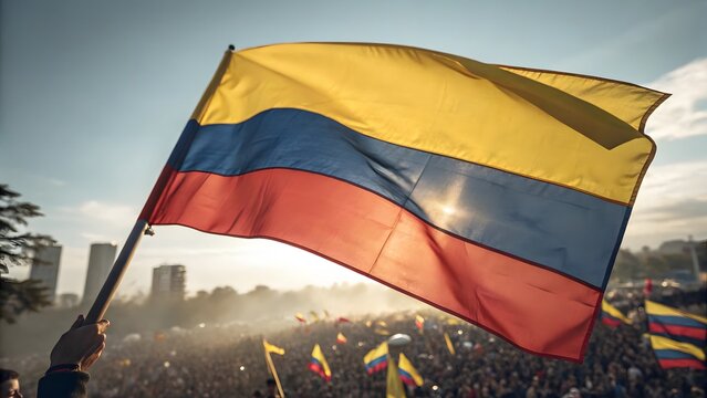 Colombia Independence Day- Colombian flag waves in the sun over a cheering crowd at a rally