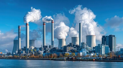 Obraz premium A large power plant stands tall against a clear blue sky, releasing white steam into the air. The nearby city shows modern buildings in the background, reflecting activity and industry.