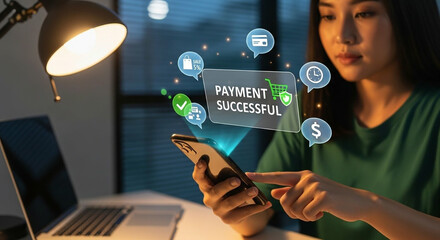 Woman confirms successful online payment transaction on smartphone