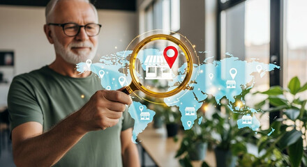 Man with magnifying glass examines world map with store locations