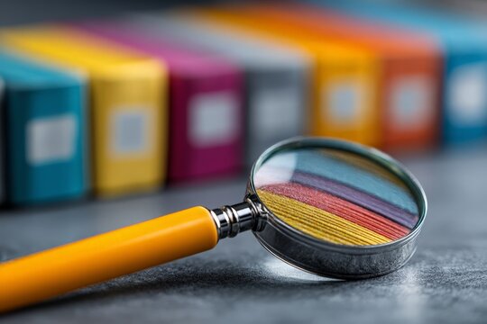Research and Data Analysis Concept: Magnifying Glass Focused on a Colorful, Organized Archive of Files