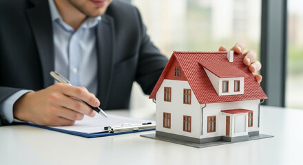 Person signing contract with miniature house on desk