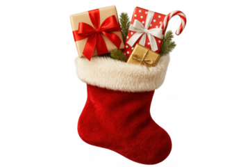 Red christmas stocking filled with wrapped gifts, candy cane and fir branches on transparent background, perfect for festive designs