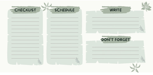 A light green weekly planner layout featuring four labeled sections: Checklist, Schedule, Write, and Don’t Forget, decorated with floral accents.