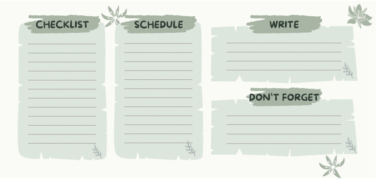A light green weekly planner layout featuring four labeled sections: Checklist, Schedule, Write, and Don’t Forget, decorated with floral accents.