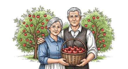 Elderly couple holding basket of apples in apple orchard setting