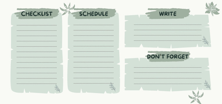 A light green weekly planner layout featuring four labeled sections: Checklist, Schedule, Write, and Don’t Forget, decorated with floral accents.
