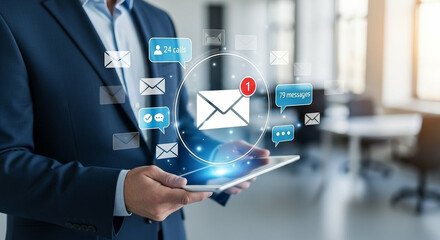 Businessman checking notifications on a tablet with digital communication icons