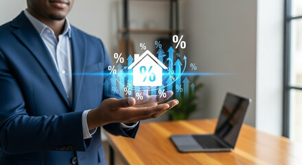 Man presenting digital house with growing percentage and upward arrows