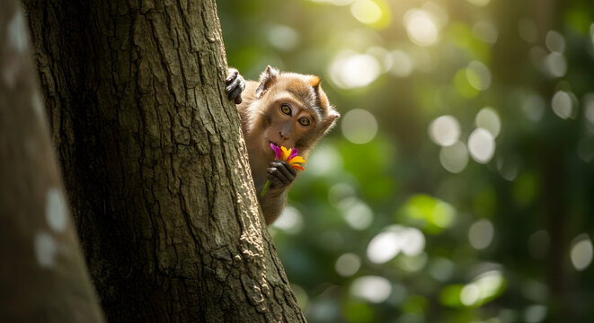 Curious monkey peeking from behind tree, humorous and candid moment
