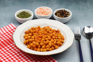 Chickpeas or Nohut, a traditional Turkish dish, ready to be eaten on the table.