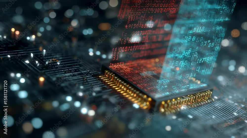 Poster quantum processor executing intricate calculations, generating a holographic data stream, representi