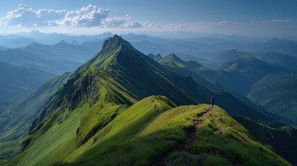 Fototapeta premium A hiker stands on a rocky ridge, overlooking a stunning mountain range at dawn. The landscape features rolling green hills and distant peaks under a clear blue sky.