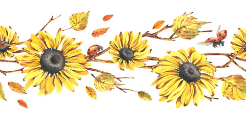 Naklejka premium Sunflowers yellow, rudbeckia with birch leaves, branches and ladybugs. Watercolor illustration of seamless autumn border, floral garland. Hand drawn arrangement is perfect for seasonal decor
