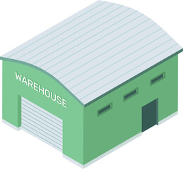 Isometric projection depicting a warehouse with a curved roof, rolling shutter door, and multiple windows, illustrating storage and logistics in an industrial setting