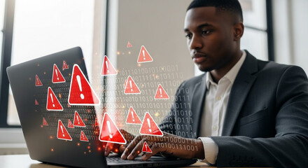 Businessman facing cybersecurity threats with warning alerts on laptop screen