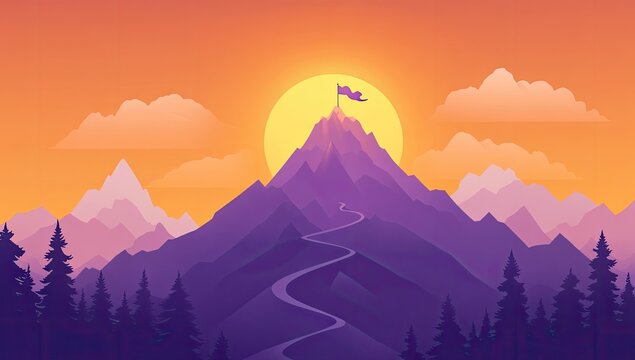 Mountaintop flag, sunset vista, winding path
