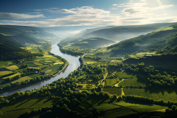 Weinberge an der Mosel, verträumte Landschaft am frühen Morgen, Generative AI