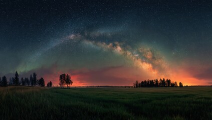 Naklejka premium Stars over Field Night view of Milky Way with colorful sunset for astronomy use