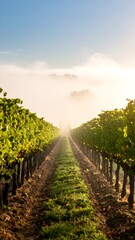 Naklejka premium Sunlit vineyard path through morning mist