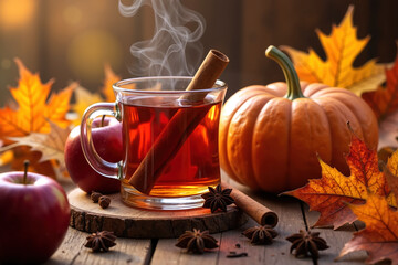 A warm cup of tea with a cinnamon stick on a wooden table surrounded by autumn leaves, apples, and a pumpkin, with star anise scattered around, emitting a gentle steam.