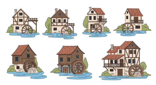 Collection of old historic watermill buildings situated on water with trees