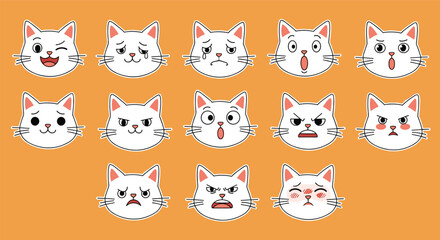 Fototapeta premium Collection of adorable animated cat faces expressing various emotions with simple designs