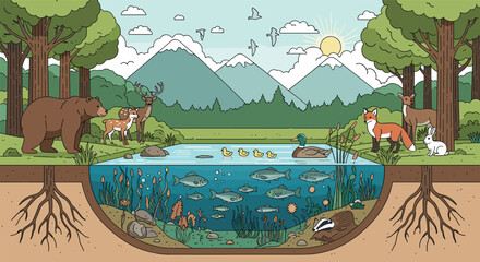 Biodiversity in a forest ecosystem revealing interconnected life above and below ground