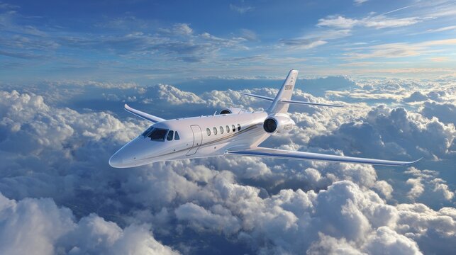A private jet soars high above the fluffy clouds on a sunny day. The aircraft glides smoothly, highlighting the expansive blue sky and tranquil scenery around it.