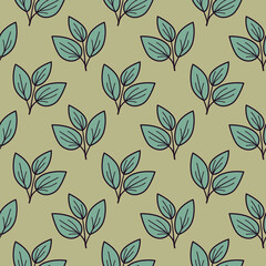 Elegant teal leaf sprigs on a muted green background create a calming, seamless pattern perfect for textile design, wallpaper, or website backgrounds.