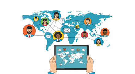 Global connectivity connecting people across continents through digital technology and social networks facilitating worldwide communication and collaboration