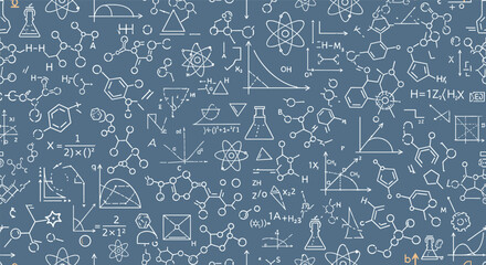 Fototapeta premium Abstract scientific formulas and molecular structures on a dark blue background