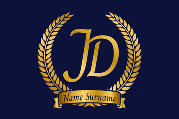 Initial letter J and D, JD monogram logo design with laurel wreath. Luxury golden calligraphy font.