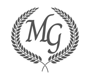 Initial letter M and G, MG monogram logo design with laurel wreath. Luxury calligraphy font.