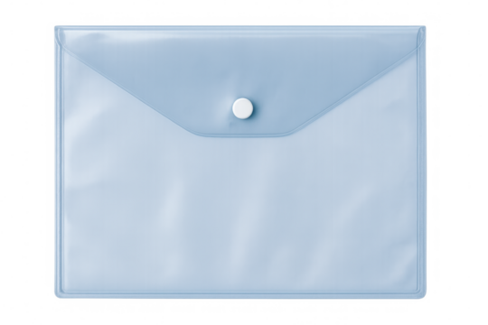 Light blue plastic document folder featuring secure button closure, neatly organizing paperwork against transparent backdrop