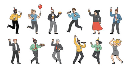 Naklejka premium Collection of happy people celebrating with party hats and drinks having fun