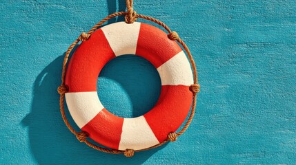 A bright red and white lifebuoy is suspended against a vivid blue wall, capturing the essence of a coastal atmosphere. The sunlight enhances its vibrant colors.