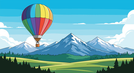 Naklejka premium Colorful hot air balloon ascends over snowy mountain peaks and green valleys