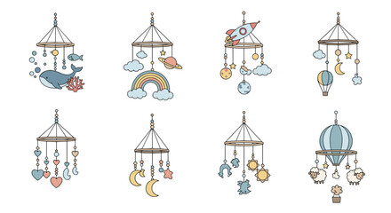 Hand drawn baby nursery mobile collection featuring celestial and animal designs