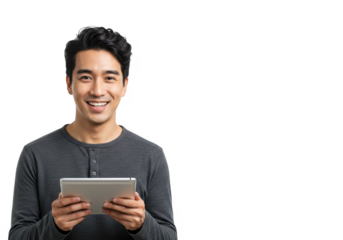 Smiling Asian man holding tablet on transparent background