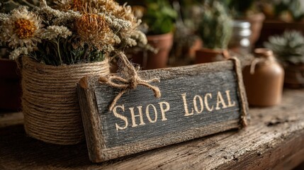 Naklejka premium A rustic wooden sign reading Shop Local rests on a wooden surface, surrounded by potted plants and dried flowers at a local market. It highlights community support and local businesses.