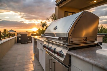 Luxurious Outdoor Kitchen with Built-in Stainless Steel Grill at Sunset